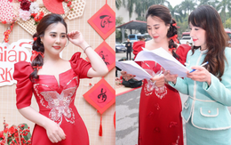Hoa hậu Phan Kim Oanh khoe sắc vóc với áo dài đỏ, chấm thi gói bánh chưng
