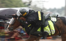 Cảnh sát cơ động kỵ binh rạp mình trên lưng ngựa, ngắm bắn súng AK