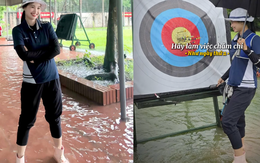 Hotgirl bắn cung Đỗ Thị Ánh Nguyệt lội nước tập luyện trong ngày Hà Nội mưa lớn