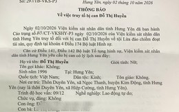 Truy tố, yêu cầu Đỗ Thị Huyền SN 1996 đến công an đầu thú