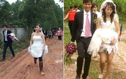 Thích thú hình ảnh cô dâu mặc áo cưới, đi ủng lội bùn