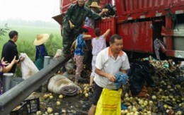 Lật xe bị hôi của, chủ hàng bất lực "mời" dân... lấy nốt