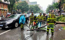 [Ảnh] Người dân, công an đội mưa dọn hàng loạt cây xanh bật gốc trên phố Hà Nội sau cơn bão số 3