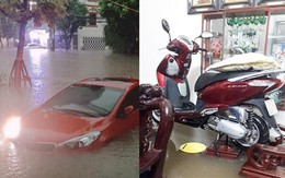 Thái Nguyên 'thất thủ': Nhiều ô tô 'ngụp lặn' trong biển nước, xe máy gác hết lên ghế cho ráo