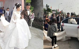 Chú rể Phan Văn Đức bẽn lẽn tới đón dâu, váy cô dâu Nhật Linh quá dài nên... chui vào xe không vừa