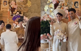 Cận cảnh nghi thức lễ gia tiên của Tiên Nguyễn và chồng trong "siêu đám cưới"