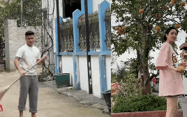 Hiếm khi thấy Quang Hải xắn quần cầm chổi quét cổng nhà bố vợ, Chu Thanh Huyền "thân tàn ma dại" sau tết