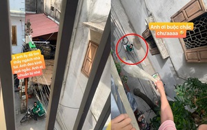 Thòng dây từ tầng 3 xuống để nhận hàng, 2 cô gái bật cười vì phản ứng của shipper vào phút cuối