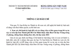 Ủy ban Kiểm tra Thành ủy TP. HCM thi hành kỷ luật nhiều cán bộ
