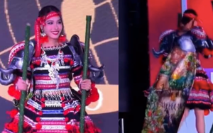 Á hậu Ngọc Hằng bị gãy cà kheo trong phần thi Trang phục dân tộc, xử lý thế nào trên sân khấu quốc tế?