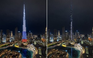 Tòa nhà cao nhất thế giới thắp sáng quốc kỳ, chạy chữ 'UAE ủng hộ Nga'