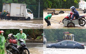 Đường gom đại lộ Thăng Long ngập đến bụng, nhiều dịch vụ 'cứu ngập' hoạt động hết công suất