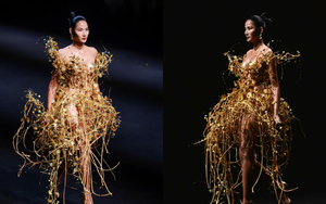 Hoàng Thùy được dát vàng lên người khi trình diễn trang phục của Bùi Thanh Hương ở Thượng Hải