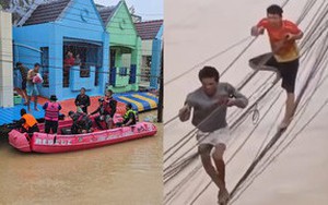 Bão lụt '300 năm có một': Phố biến thành sông, dân Thái Lan đu dây điện tránh lũ