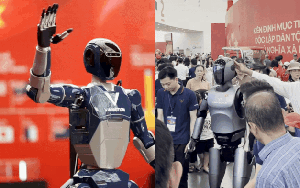 CLIP: Robot "made in Việt Nam" chuẩn Hoa hậu thân thiện, 1 ông chú tiến đến làm hành động bất ngờ