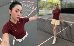 Lương Thùy Linh visual sáng bừng trên sân tennis, đôi chân dài 1m22 "trứ danh" chiếm sóng nhưng thần thái đánh bóng cũng không thường
