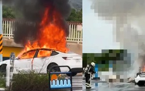 Ô tô điện bốc cháy, tài xế kẹt bên trong không ra được, cảnh sát tới nơi chứng kiến cảnh thương tâm
