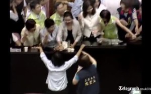 Nữ nghị sĩ Đài Loan trèo lên bàn đấm nhau trong quốc hội