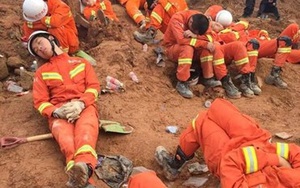 Nhân viên và chó cứu hộ ngủ ngay tại hiện trường lở đất ở Trung Quốc