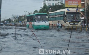 Ảnh: Phố thành sông, người Sài Gòn chăng dây báo đường nguy hiểm