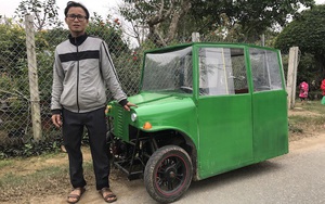 Ông bố chế ô tô điện 3 bánh như "xe Jeep" để chở con đi học đỡ mưa gió