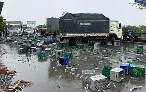 Hải Phòng: Chai bia vỡ tung tóe rải đầy mặt đường, Quốc lộ 5 tắc nghẽn dài