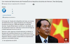 Cuba tuyên bố quốc tang tưởng niệm Chủ tịch nước Trần Đại Quang