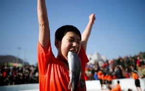 24h qua ảnh: Cậu bé Hàn Quốc vui sướng ngậm cá hồi sống trong lễ hội băng