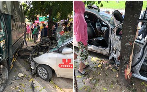 Tai nạn hy hữu: Xe tải lao từ trên đê xuống, đâm nát taxi đỗ bên đường