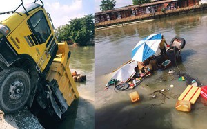 Xe ben lao xuống sông, đâm chìm ghe, hiện trường vụ tai nạn hy hữu gây tò mò