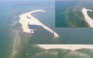 Cồn cát khổng lồ nổi lên bất thường giữa biển Cửa Đại nhìn từ flycam