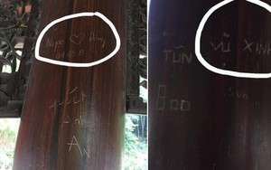 Xuất hiện nhiều "bút tích" xấu xí và phản cảm trên cột gỗ chùa Côn Sơn khiến cộng đồng mạng ngán ngẩm