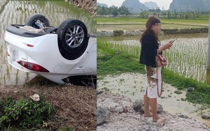 Ô tô Mazda lật ngửa dưới ruộng lúa, nữ tài xế phá cửa trèo ra ngoài