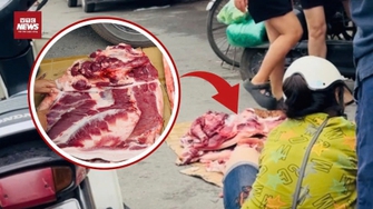 Rùng mình thịt lợn thâm đen bày bán dưới lòng đường ở chợ Phùng Khoang, Hà Nội