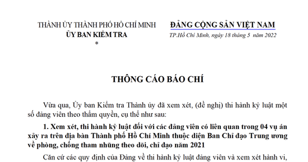 The Inspection Committee of the Ho Chi Minh City Party Committee disciplined many officials