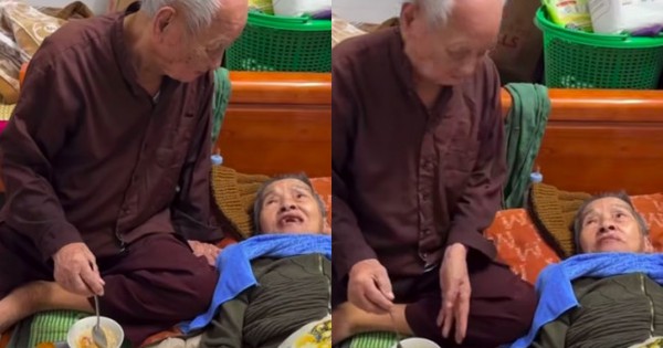 Cụ ông 97 tuổi bón cơm cho vợ 