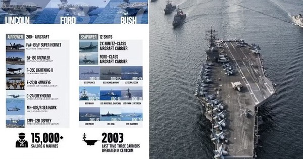 3 cụm tàu sân bay, 15.000 quân Mỹ áp sát Iran