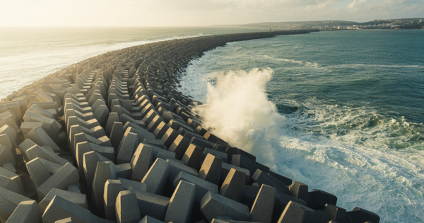 Hàng loạt khối bê tông nhân tạo nặng 90 tấn được thả xuống đáy biển, công trình đê chắn sóng khắc nghiệt nhất dần lộ diện