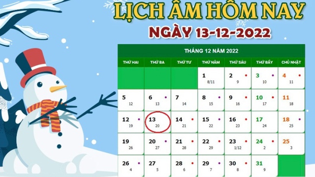 Lịch âm 13/12 - tra cứu lịch âm hôm nay thứ 3 ngày 13/12/2022
