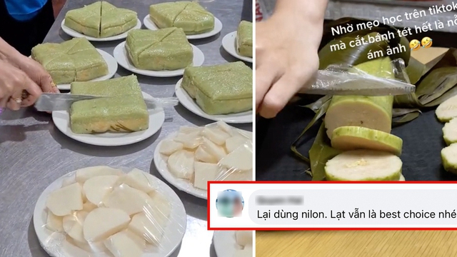 Tranh cãi chuyện cắt bánh chưng, bánh tét bằng dao quấn màng bọc thực phẩm: Kẻ khen mẹo hay, người chê hại môi trường