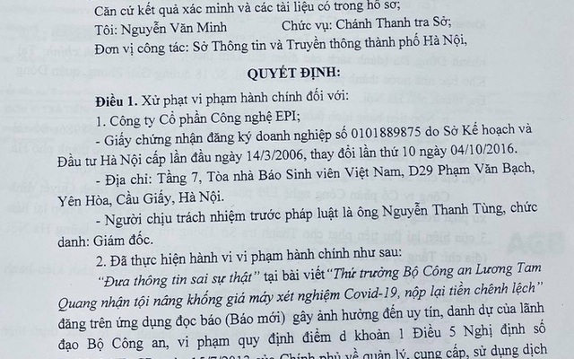 Bị phạt 25 triệu đồng vì đưa tin sai sự thật về Thứ trưởng Bộ Công an Lương Tam Quang