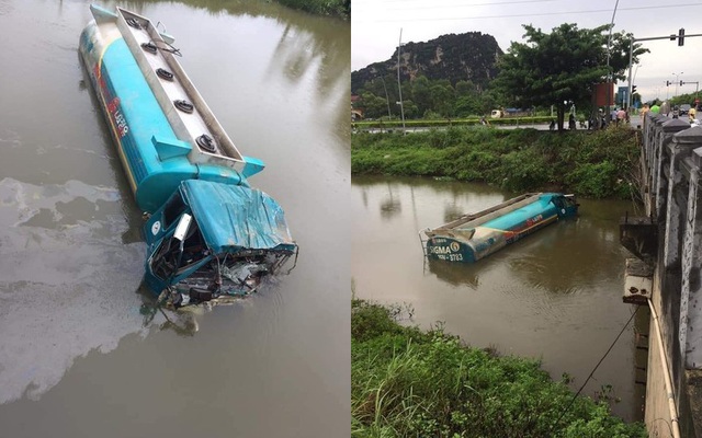 Va chạm với xe tải, xe bồn chở dầu lao xuống sông ở Ninh Bình
