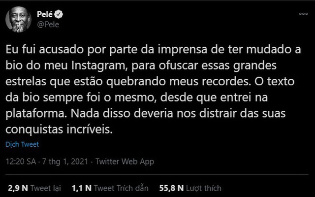 Pele đáp trả tin đồn chỉnh sửa trang cá nhân để phủ nhận thành tích của Ronaldo