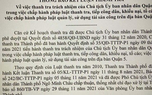 Vì sao thanh tra trách nhiệm chủ tịch UBND quận 5