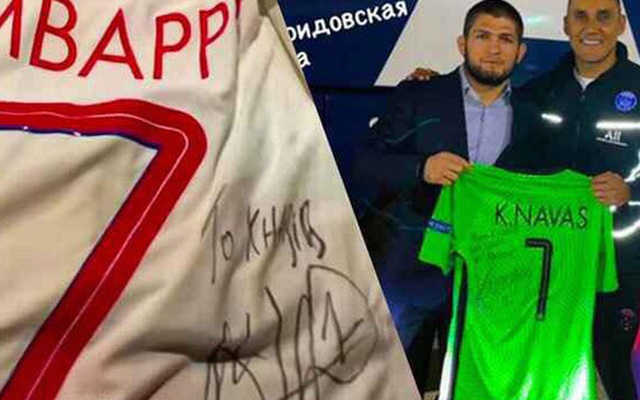 Nhà vô địch Khabib nhận món quà đặc biệt từ siêu sao Kylian Mbappe khi tới dự khán trận đấu tại Champions League