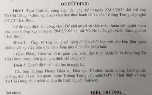 Vì sao một giáo viên dạy lái xe ở Thái Bình bị tạm đình chỉ công tác?