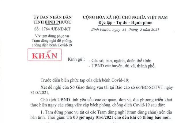 Bình Phước ra công văn khẩn: Dừng tất cả trạm dừng chân từ 1-6