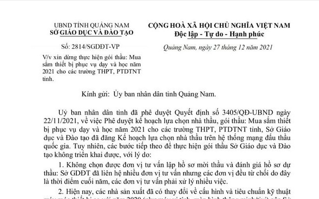 Trước khi nghỉ hưu, Giám đốc Sở GD&ĐT Quảng Nam xin dừng thực hiện gói thầu hơn 20 tỷ