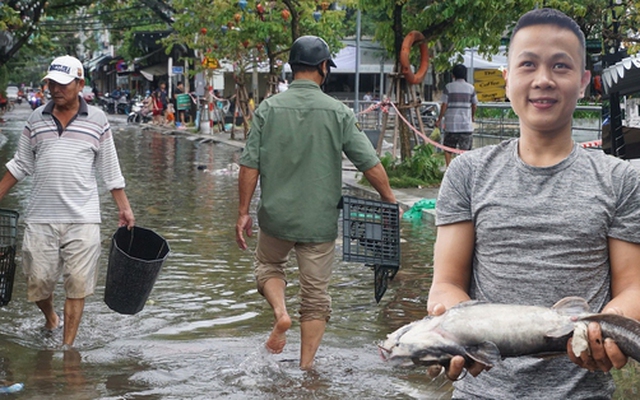 Người dân Đà Nẵng rủ nhau bắt cá trên đường phố sau mưa