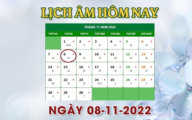 Lịch âm 8/11 - Tra cứu lịch âm hôm nay thứ 3 ngày 8/11/2022 là ngày tốt hay xấu?